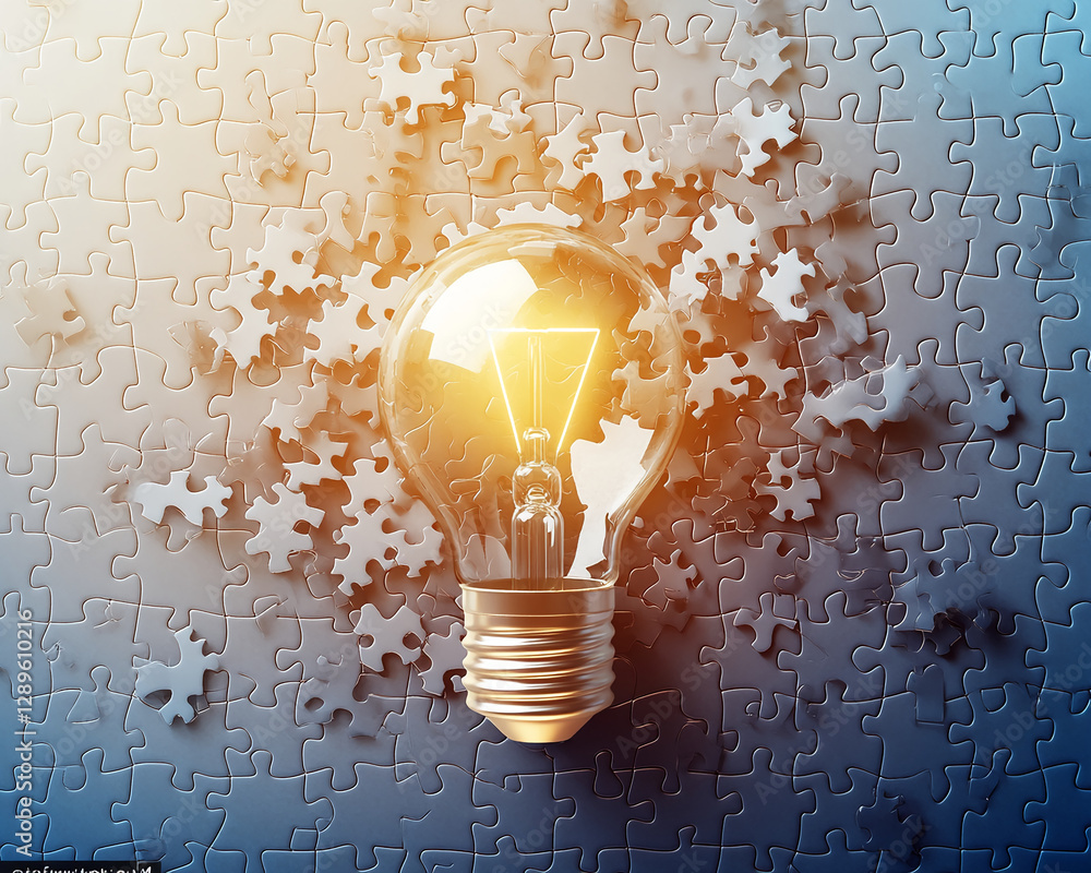 Poster a glowing lightbulb illuminating a partially completed puzzle, symbolizing creativity, problem-solvi