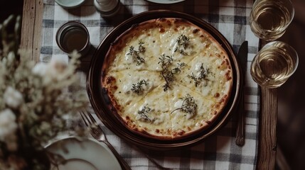 Rustic table, cheese pizza, wine, flowers, dinner