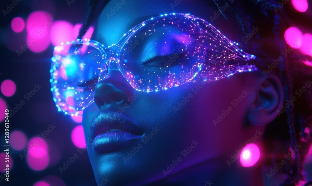 Poster futuristic glowing data points in neon blue and purple tones forming abstract patterns against a sle