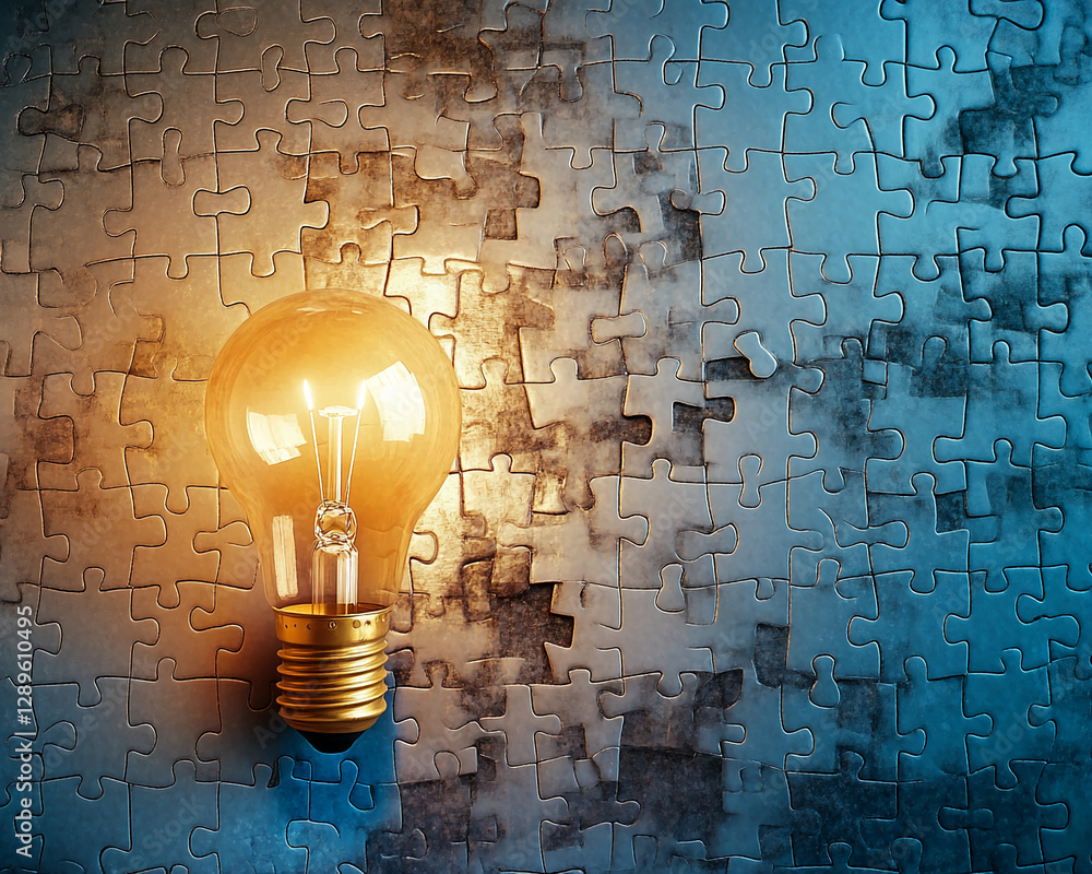 Poster A glowing lightbulb on a puzzle background, symbolizing the concept of problem-solving, creativity, and innovation, with missing pieces representing challenges to overcome.