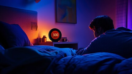 Fototapeta premium Lying in bed, a person checks the clock reading 3 AM, surrounded by a serene yet colorful atmosphere. The room is designed for optimal sleep, illuminated with soft lighting