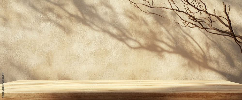 Poster A wooden table against a neutral wall with a dry branch extending across, casting soft shadows, symbolizing simplicity, tranquility, and minimalistic design in a peaceful setting.
