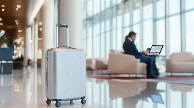 Smart business luggage with ai powered suitcase in modern airport terminal setting
