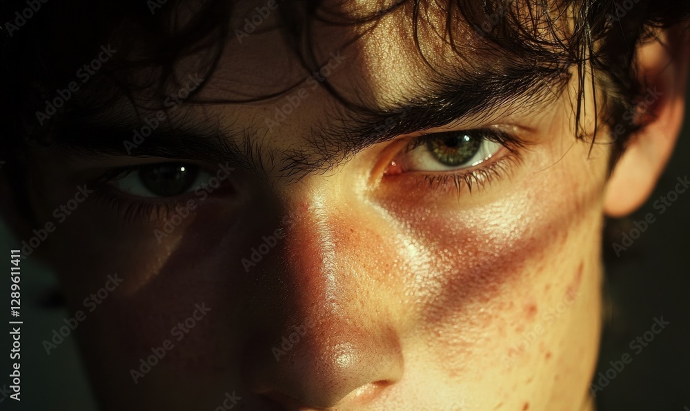 Poster intense close-up portrait of a young man with dark eyes illuminated by natural light, evoking depth 