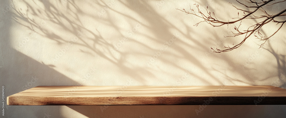 Poster A simple wooden table with soft shadows cast on a textured wall, symbolizing tranquility and minimalism, evoking feelings of calm, serenity, and natural beauty.
