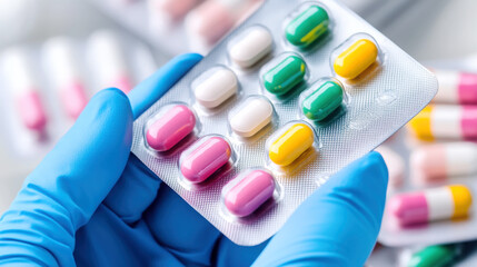 Quality control in pharmaceutical laboratory - technician examining medication tablets