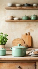 Traditional kitchen mood with cooking pots and rustic decor