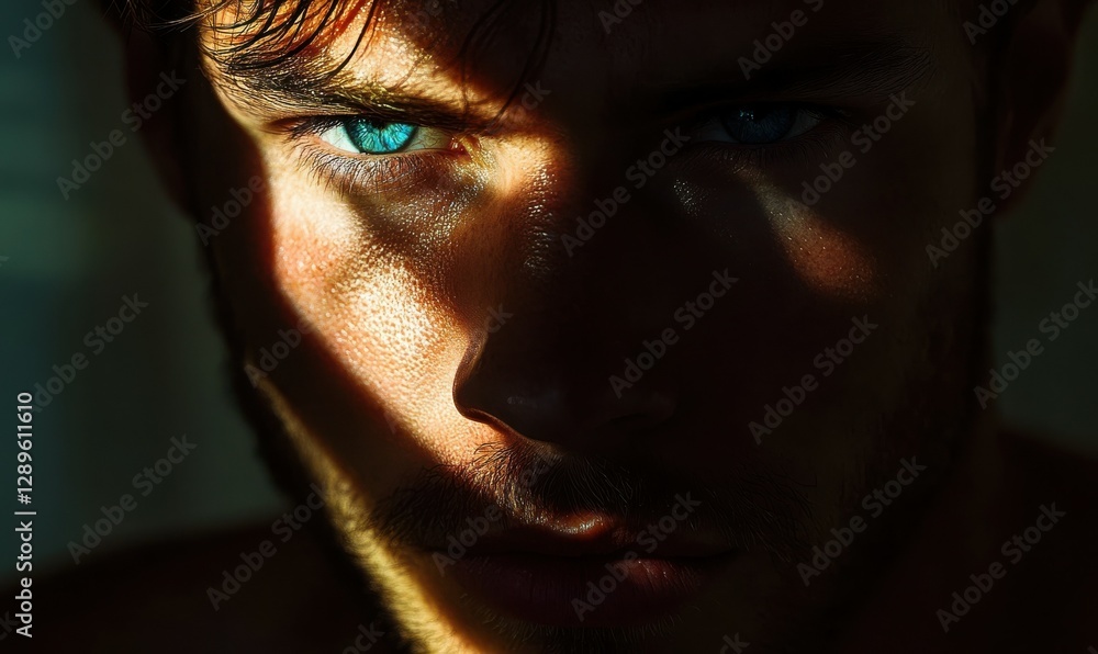 Poster intense portrait of a man with piercing blue eyes and dramatic shadows illuminated by soft glowing l