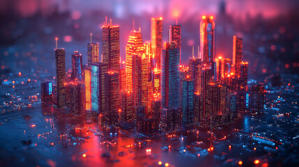 Fototapeta premium a futuristic cityscape seamlessly integrated into a circuit board. This digital artwork symbolizes technological advancement, connectivity, and the evolution of smart cities.