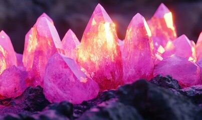 Glowing crystal pink quartz formations with reflective surfaces, illuminated by radiant light, creating a mystical and captivating look,