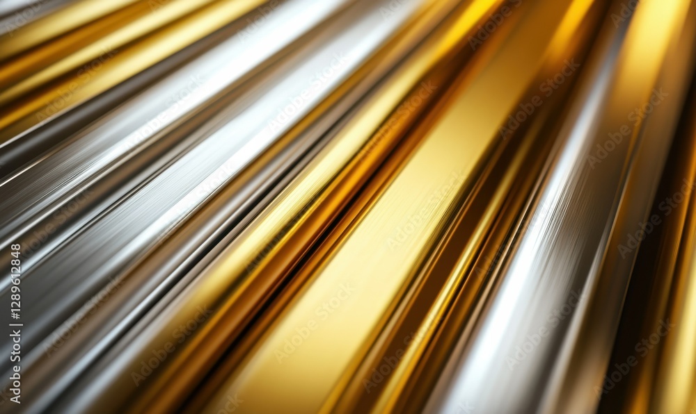 Poster layered texture of metallic stripes in silver and gold tones, illuminated by warm diffused light cre