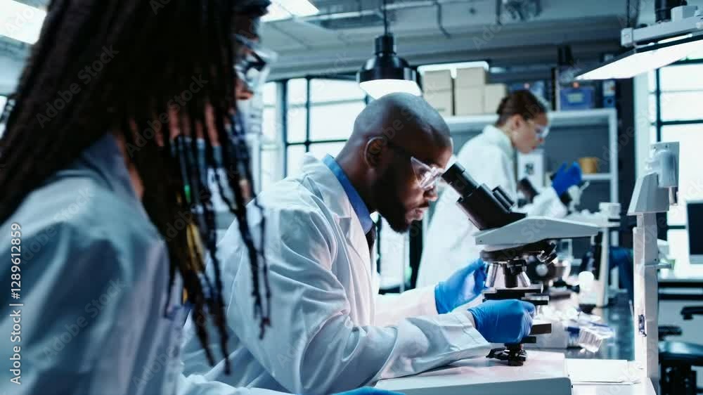 Poster a video showcasing scientists in a lab, captured from a side angle. the focus is on a man using a mi