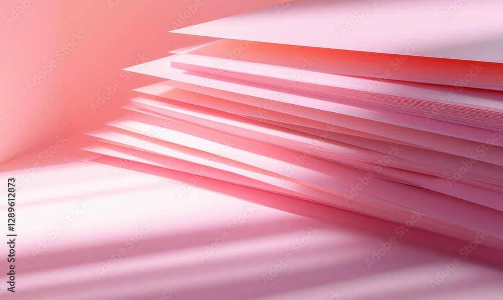 Poster delicate stack of pastel pink gradient papers arranged neatly, softly illuminated by warm light to c