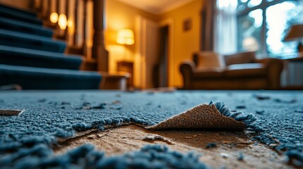A close-up view of a frayed carpet in a dimly lit living room, showcasing the wear and tear of home life.