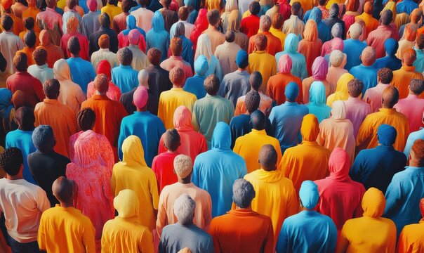Colorful crowd of people in vibrant clothing, symbolizing unity and diversity in modern society, bold contrasts