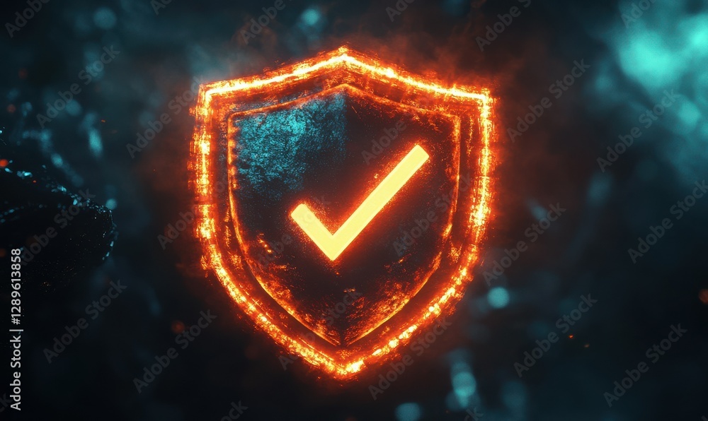 Poster digital glowing shield with a check mark icon, symbolizing security and protection in a digital spac