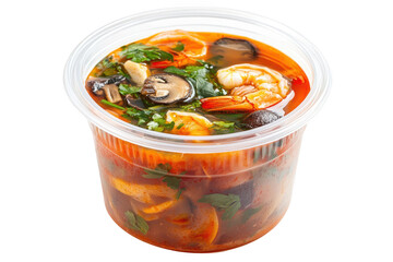 Delicious shrimp soup with vegetables in a clear container on a white background perfect for showcasing culinary dishes and food photography - obrazy, fototapety, plakaty