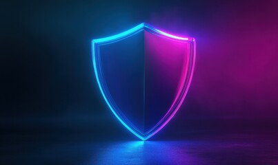 Digital shield icon glowing in neon blue and purple, symbolizing modern digital defense.