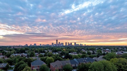 Obraz premium Sunrise cityscape, suburban houses, pastel clouds. Stock photo use.