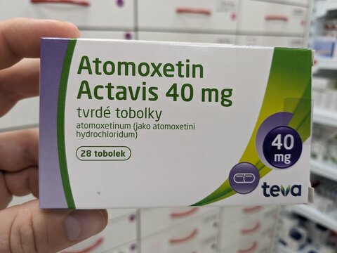 Prague, Czech Republic -January 24 2025: ATOMOXETIN ACTAVIS box of medication with ATOMOXETINE active substance by ACTAVIS, used for treatment of ADHD.	
