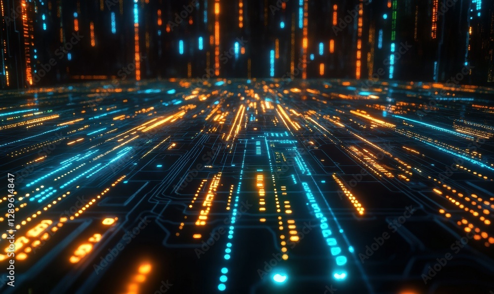 Poster digital futuristic rendering of glowing data waves, vibrant neon tones forming intricate patterns, b