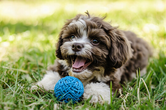 Happy Shih Tzu puppy playing with ball outdoors, enjoying sunny day in garden park - Powered by Adobe