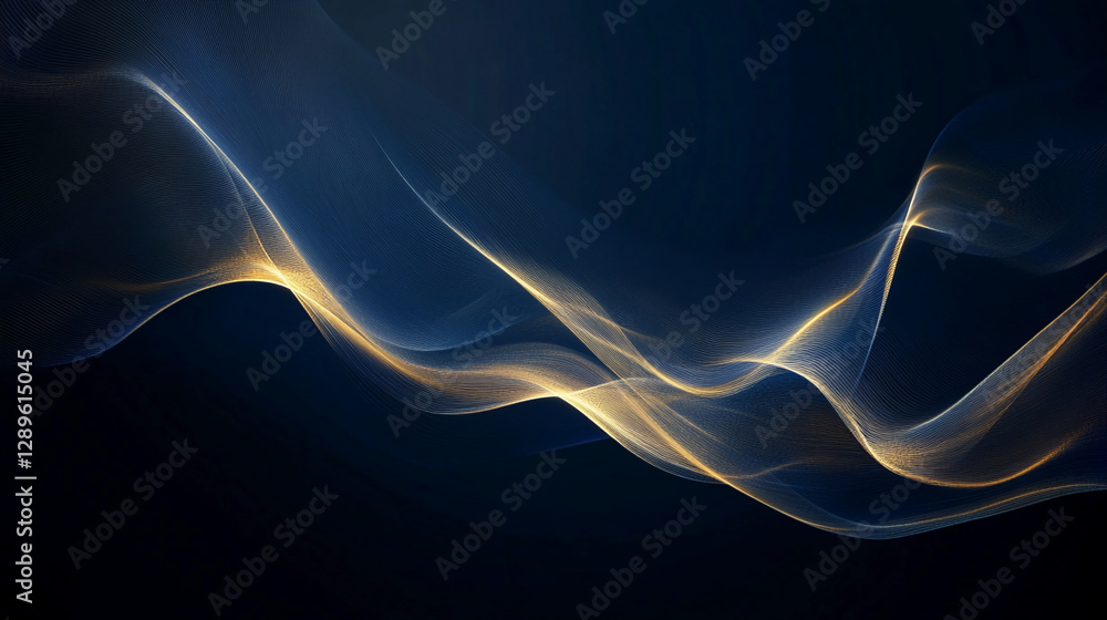 Poster an abstract image of glowing waves of light in blue and gold, symbolizing energy, flow, and modern t