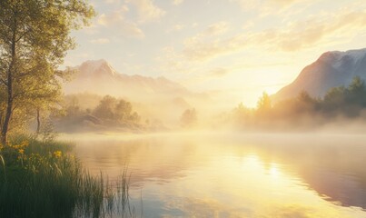 Golden sunrise over misty lake surrounded by tranquil mountains.