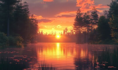 Dramatic sunset view of a peaceful lake surrounded by tall trees, vibrant orange and pink hues reflecting on the water's surface, evoking tranquility,