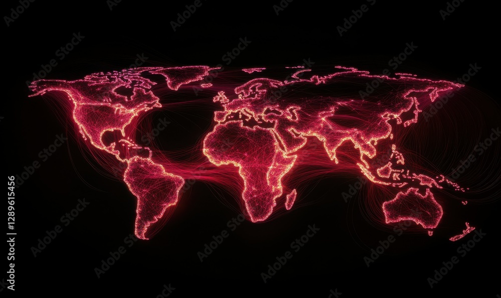 Poster dynamic 3d map of the world made of glowing neon lines and points, set against a deep black backgrou