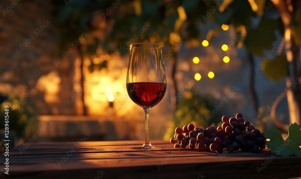 Poster elegant glass of red wine on a wooden table, surrounded by grapevines and soft evening light, creati