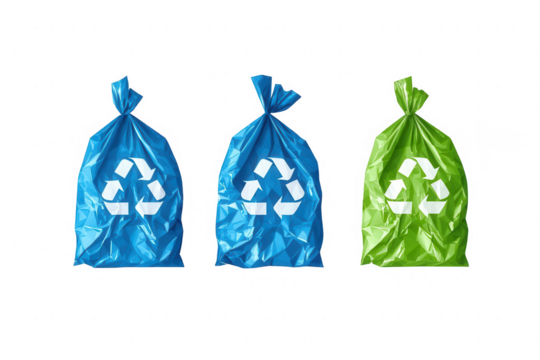 Three recycling bags displayed against a white background, featuring blue and green colors with recycling symbols, representing eco-friendly waste management