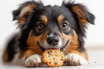 Adorable Australian Shepherd puppy with cookie, perfect for cute pet stock imagery