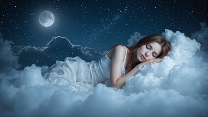 Tranquil woman sleeping on cloud under starry night sky bathed in gentle moonlight embodies peace and serenity