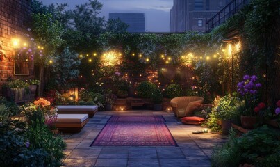 Fototapeta premium Peaceful rooftop garden with lush greenery, soft outdoor seating, and vibrant lighting creating a serene urban escape.