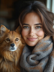 Portrait of a smiling woman with a Pomchi dog, cozy scarf, and charming autumn eyes