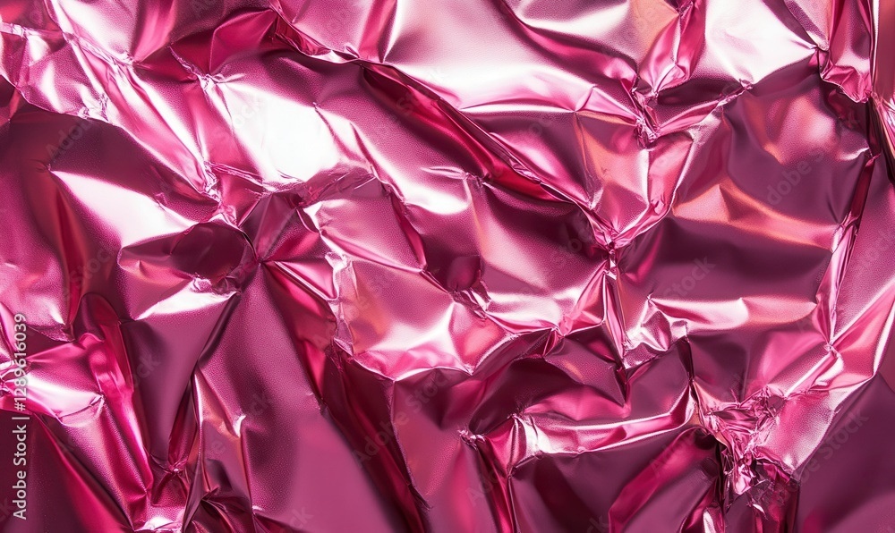 Poster dynamic flat-lay of crushed pink metallic foil, illuminated by soft diffused light, creating a vibra