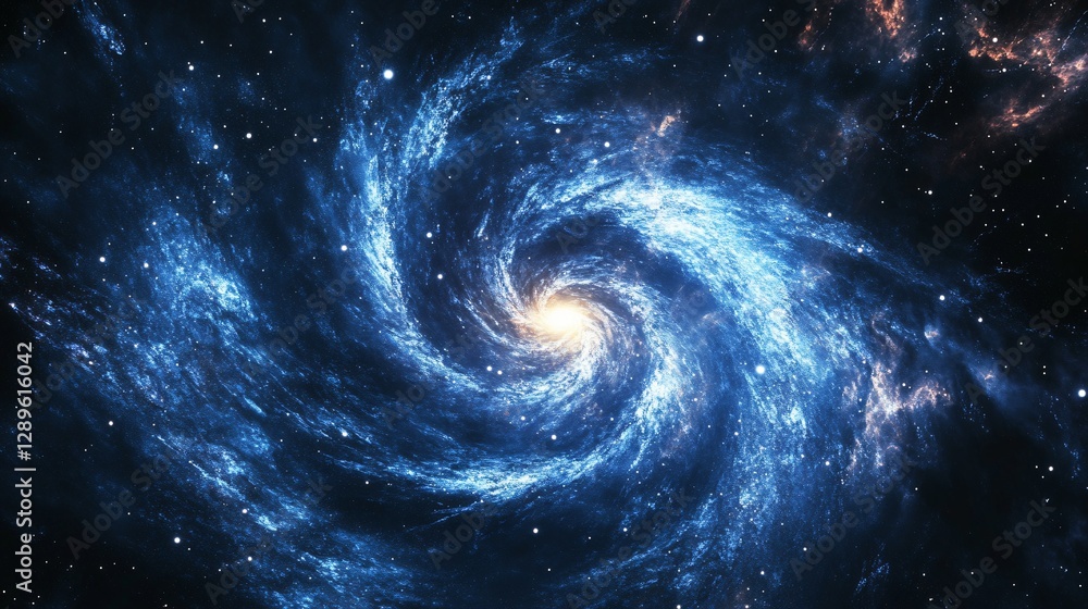 Poster spiral galaxy in deep space with bright blue light and swirling cosmic clouds. stunning astronomical