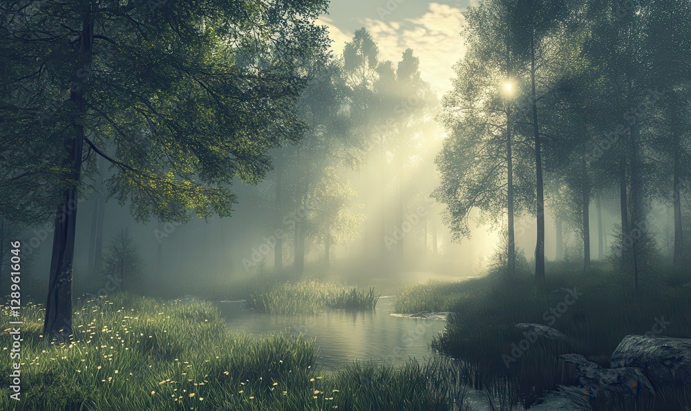 Poster fog-covered pine forest with sunbeams piercing through the mist, creating a mystical atmosphere and 