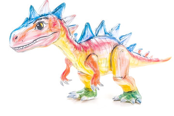 Fototapeta premium Colorful dinosaur toy with blue spikes standing on a white background appearing to be drawn or painted with watercolor effects.