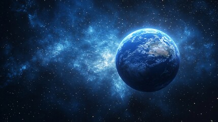 Obraz premium Planet earth in deep blue space with glowing atmosphere and stars. Realistic cosmic view of globe from orbit. Universe exploration and astronomy background for wallpaper