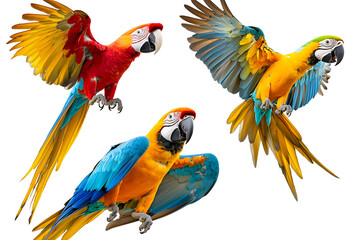Fototapeta premium Three vibrant macaws with striking colors featuring one in mid-flight against a clean white backdrop.