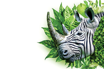 Zebra-striped rhino head emerging amidst lush green foliage a surreal and vibrant wildlife portrait on a white background.