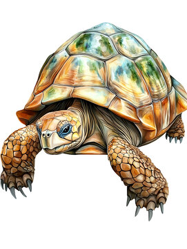 Watercolor illustration of a land turtle with a textured patterned shell and sturdy legs against a clean white background.