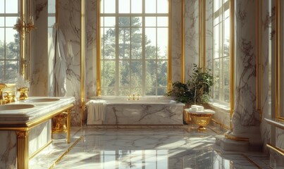Luxurious marble bathroom with golden fixtures, sleek countertops, and natural sunlight streaming through large windows for a serene spa-like retreat,
