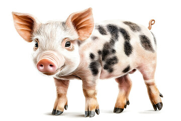 A cute spotted piglet with floppy ears and a curly tail stands against a plain white background.
