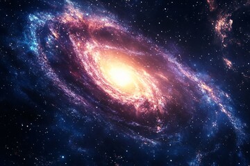 Fototapeta premium Spiral galaxy in deep space with glowing pink and blue nebulae against black starry background. Milky way universe exploration. Astronomy scientific visualization of cosmic beauty