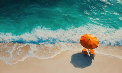 Obraz premium Picturesque beach with soft white sand, turquoise waves lapping at the shore, and a vibrant orange parasol casting shade over a lounge chair.