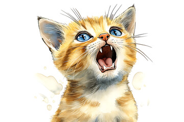 Fototapeta premium Watercolor painting of a ginger kitten with bright blue eyes mouth open in a yell or hiss.