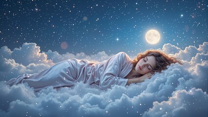Tranquil woman in silken robe sleeping on cloud bed under starlit sky framed by soft curls embraced by glowing clouds